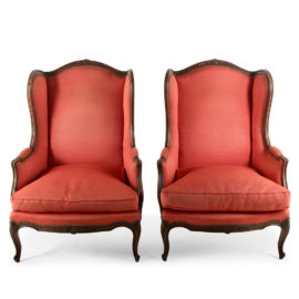 Pair of Walnut Carved Louis XV-Style Wingbacks FD-1294