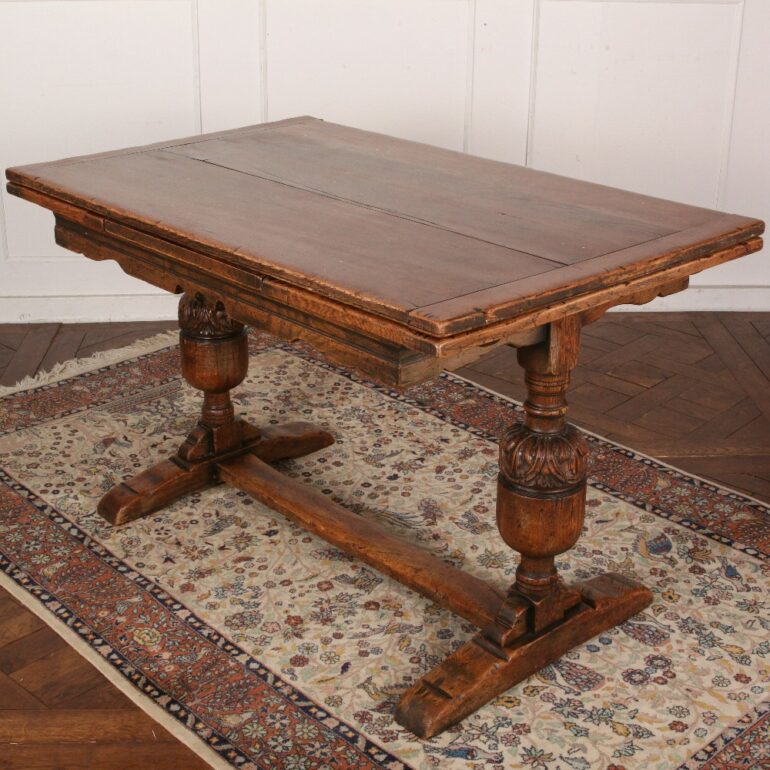 English 'Jacobean Revival' Solid Oak Trestle Draw-Leaf Table C-GD