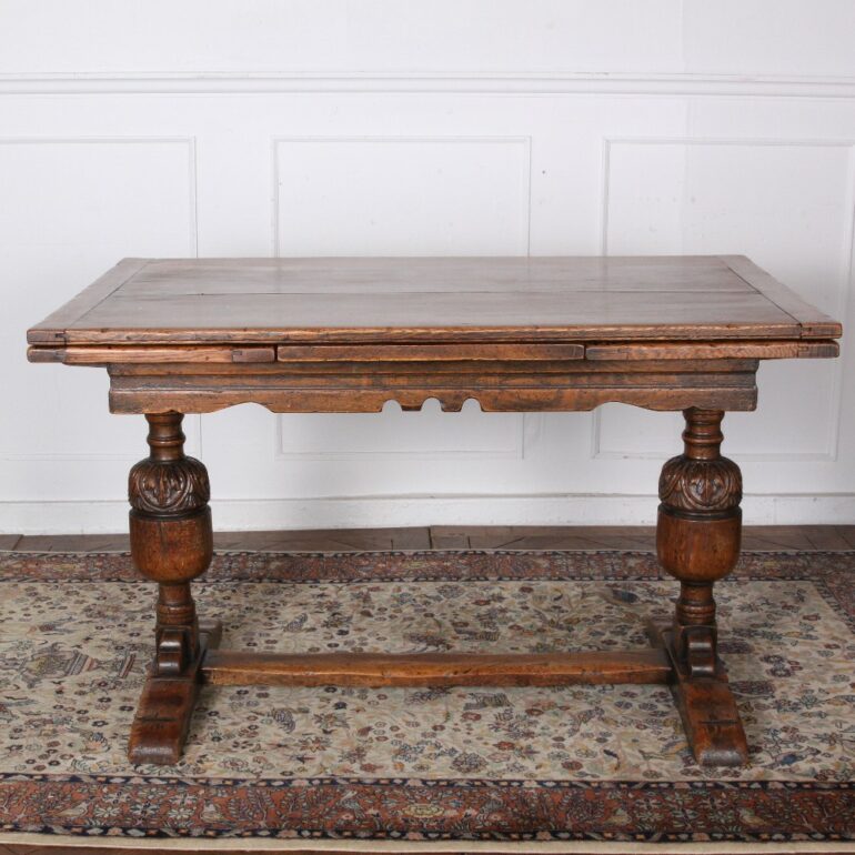 English 'Jacobean Revival' Solid Oak Trestle Draw-Leaf Table C-GD