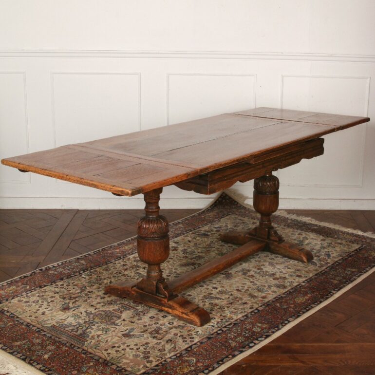 English 'Jacobean Revival' Solid Oak Trestle Draw-Leaf Table C-GD