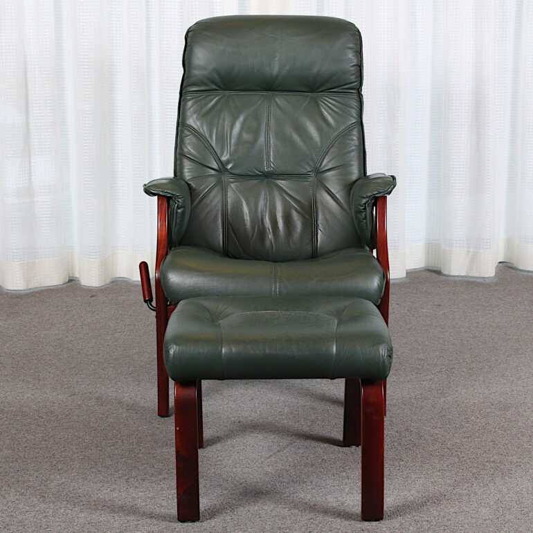 Pair of Green Leather Armchairs with Stools S-839024 | Antique Warehouse