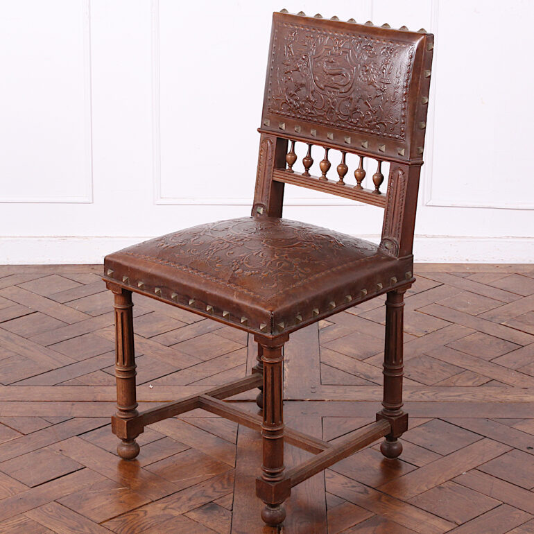 Renascence Revival Studded Leather Embossed Dining Chairs, C.1880's FO